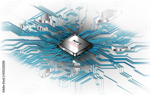 Token NFT text on CPU chip with digital circuit board background. Concept of NFT becomes more popular and well known. Product from crypto currency technology