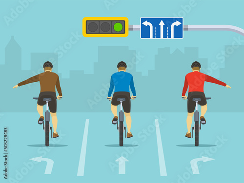 Traffic regulation on roads. Safe bicycle riding. Lane direction road sign and road marking. Back view of a cyclists showing turning gesture while cycling. Flat vector illustration.