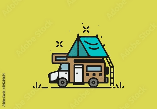 Camping with camper van line art illustration