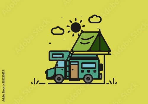 Camping with camper van line art illustration