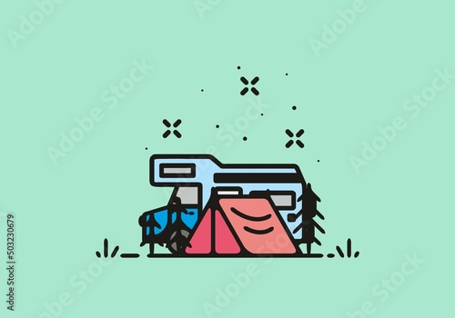 Camping with camper van line art illustration