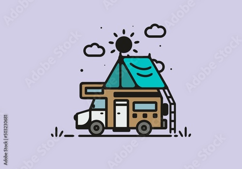 Camping with camper van line art illustration