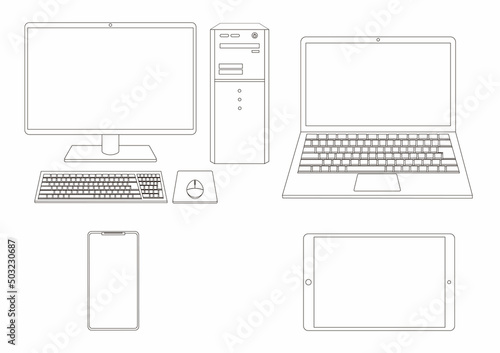 デスクトップパソコンとノートパソコンとスマートフォンとタブレット　線画セット