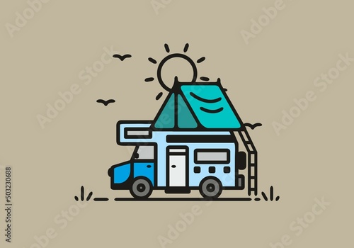 Camping with camper van line art illustration © Adipra