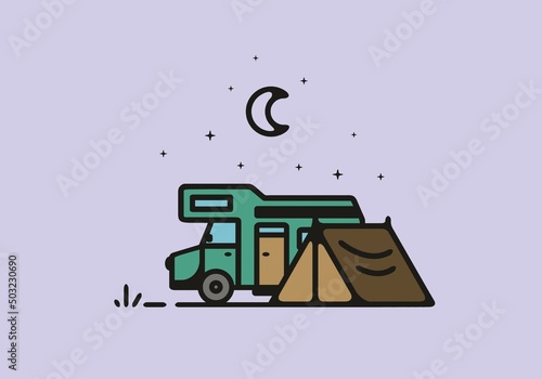 Camping with camper van line art illustration