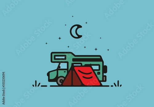 Camping with camper van line art illustration