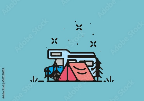 Camping with camper van line art illustration