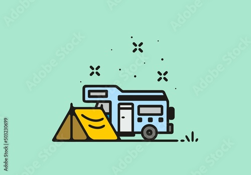 Camping with camper van line art illustration