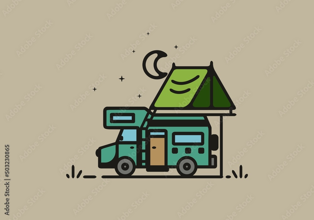 Obraz premium Camping with camper van line art illustration