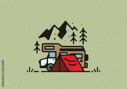 Camping with camper van line art illustration