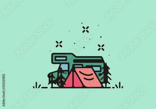 Camping with camper van line art illustration