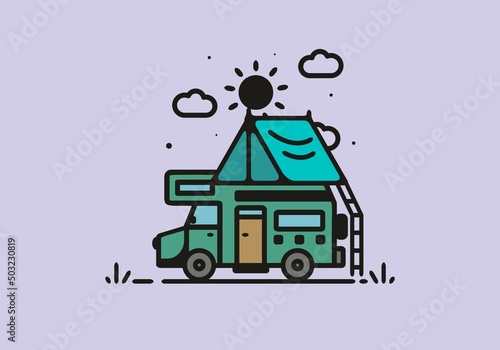 Camping with camper van line art illustration