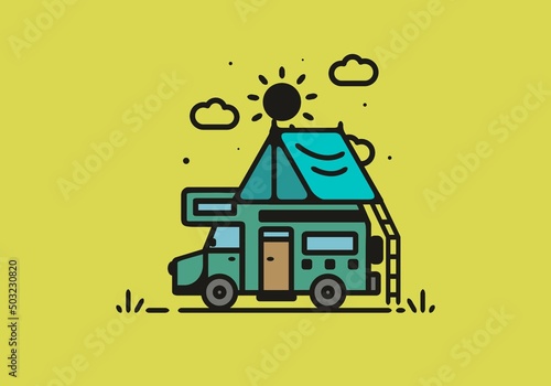 Camping with camper van line art illustration