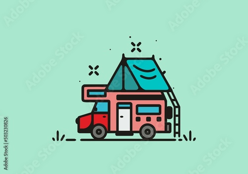 Camping with camper van line art illustration