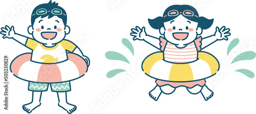水着を着た子どものイラスト　海　プール　男の子と女の子	
