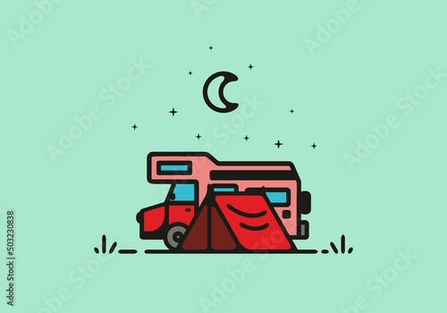 Camping with camper van line art illustration