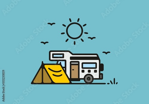 Camping with camper van line art illustration