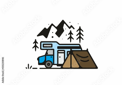 Camping with camper van line art illustration
