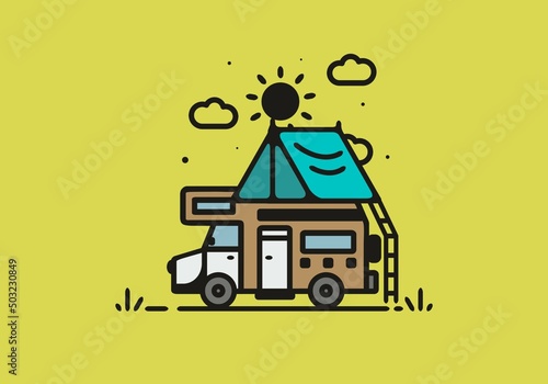 Camping with camper van line art illustration