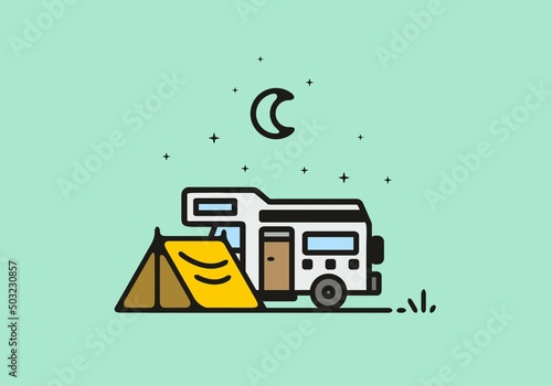 Camping with camper van line art illustration