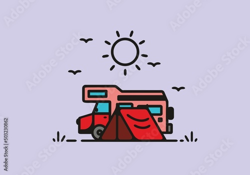 Camping with camper van line art illustration