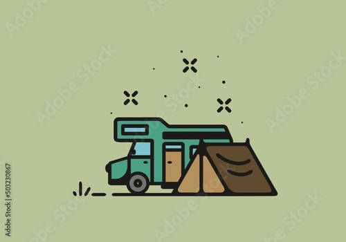 Camping with camper van line art illustration