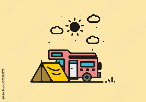 Camping with camper van line art illustration