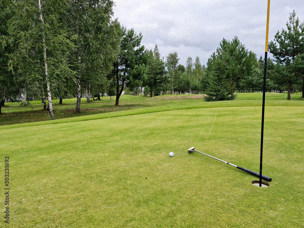 Obraz premium Golf game. Putter ball lies near hole on green closeup