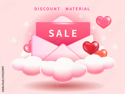 Valentines day mothers day offer letter banner decoration with hearts and clouds on pink background
