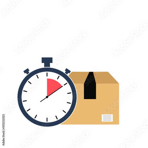 Delivery in time concept. stopwatch and a cardboard package
