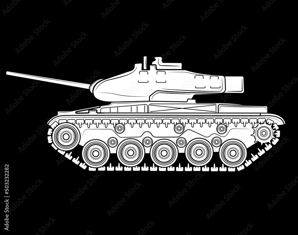 White silhouette on a black background T-34 Soviet medium tank in prof, World War II, Red Army, weapons, armor
