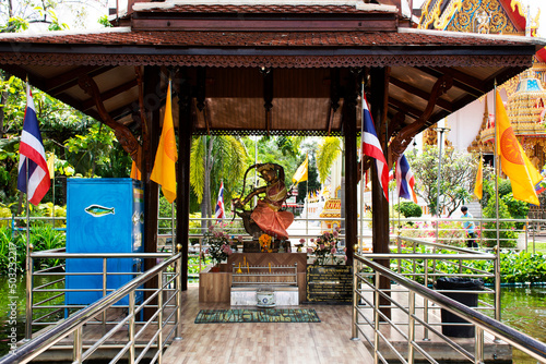 Phra Mae Thorani deity or Vasundhara or Dharani angel goddess for thai travelers people travel visit respect blessing at Wat Chomphuwek or Chumpoo Wek temple on March 17, 2022 in Nonthaburi, Thailand