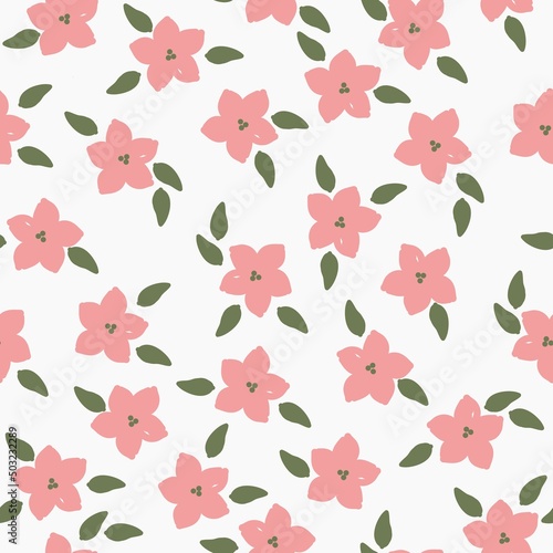 Wallpaper Mural Simple vintage pattern. pink flowers, green leaves. white background. Fashionable print for textiles, wallpaper and packaging. Torontodigital.ca