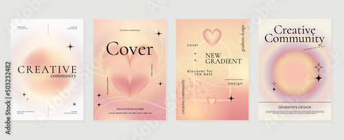 Abstract gold gradient liquid cover template. Set of modern poster with vibrant graphic color, hologram, heart bubbles, star elements. Elegant style design for brochure, flyer, wallpaper, banner.