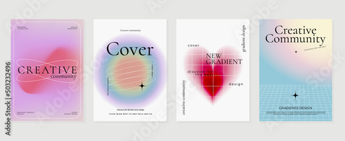 Abstract colorful gradient liquid cover template. Set of modern poster with vibrant graphic color, hologram, line grid, heart , star elements. Futuristic design for brochure, flyer, wallpaper, banner.