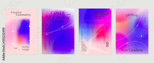 Abstract purple gradient liquid cover template. Set of modern poster with vibrant graphic color, hologram, line grid , star elements. Futuristic design for brochure, flyer, wallpaper, banner.