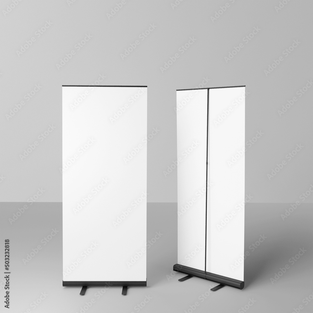 Blank white roll-up banner display mockup, isolated, 3d rendering. Blank white roll-up banner display mockup, isolated, 3d rendering.