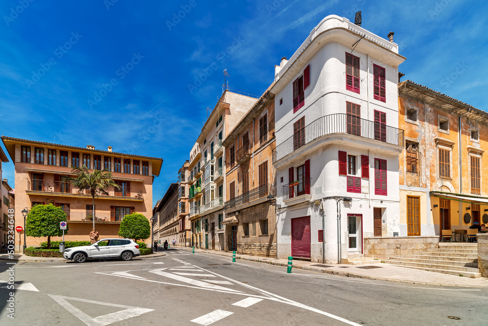 Typical houses on the street of Palma, Spain.