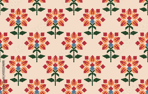 Motif ethnic handmade border beautiful art. Ethnic leaf floral background art. folk embroidery, Mexican, Peruvian, Indian, Asia, Moroccan, Turkey, and Uzbek style. Aztec geometric art ornament print.