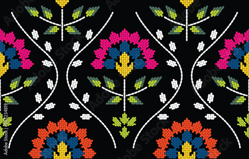 Motif ethnic handmade border beautiful art. Ethnic leaf floral background art. folk embroidery, Mexican, Peruvian, Indian, Asia, Moroccan, Turkey, and Uzbek style. Aztec geometric art ornament print.