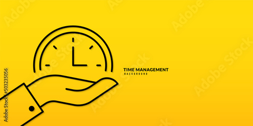 Hand holding clock thin line drawing  background. Time management and Self organization concept