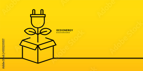 Opening box with plug plant on yellow background  Pollution and environment protection concept  Light bulb green energy electricity usage