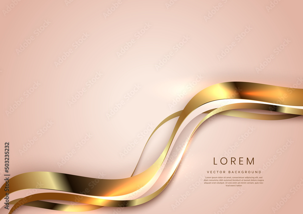 Abstract 3d gold curved ribbon on rose gold background with lighting