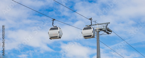 Almere, The Netherlands - April 3, 2022: Cable cars at Floriade Expo 2022 Growing green cities in Almere Amsterdam The Netherlands