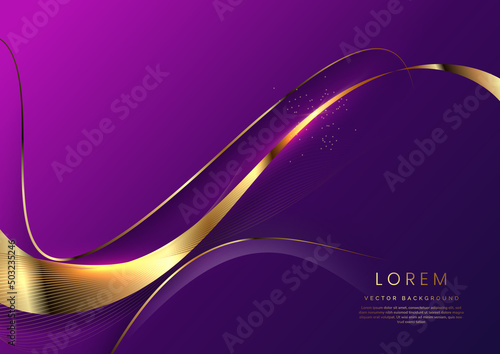 Luxury concept template 3d purple curve shape on violet elegangt background and golden ribbon line with copy space for text.