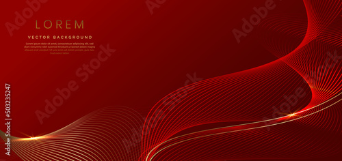 Abstract luxury golden lines curved overlapping on dark red background. Template premium award design.