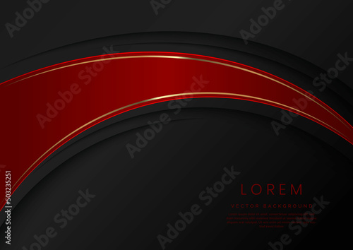 Abstract luxury red curves with elegant golden border on black background space for text. Template design style.