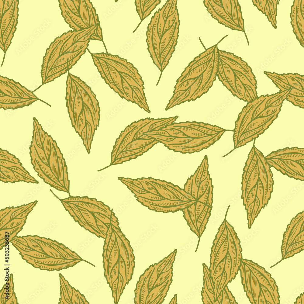Obraz premium Seamless pattern engraved tree leaves. Vintage background botanical with foliage in hand drawn style.