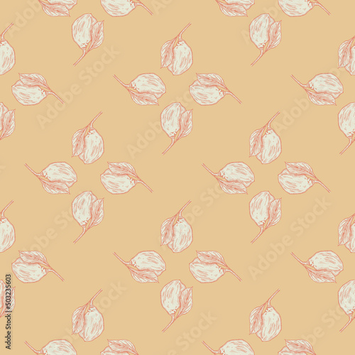 Seamless pattern engraved lemon on branch with leaves. Vintage background lime growing on twig in hand drawn style.