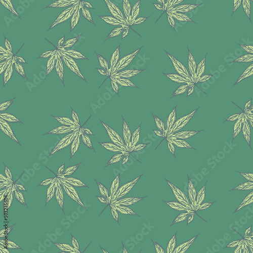 Leaves maple canadian engraved seamless pattern. Vintage background botanical leaf cannabis in hand drawn style.